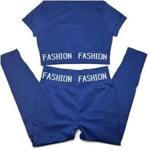 Womens Blue Fashion Crop Top‎ Leggings Set Athletic Athleisure Large Gym Active